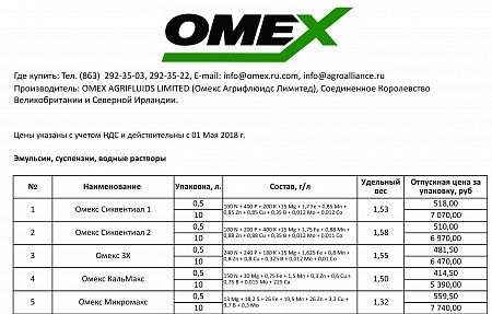 Изменение прайса на удобрения Омекс с 01.05.18